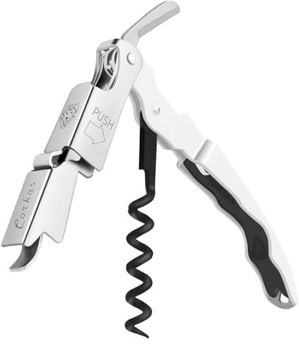 CORKAS Tire Bouchon Professionnel, Couteau de Sommelier, qualité hôtel et Restaurant, Couteau de Serveur avec Décapsuleur et Coupe-Capsule, Ouvre Bouteille en Acier Inoxydable (Blanc)