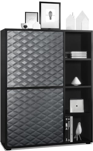 Vladon Highboard Cuba, Made in Germany, Anrichte mit 2 Türen und 4 offene Fächer, Schwarz matt/Stahlgrau 3D Struktur (79 x 105,5 x 35,5 cm)