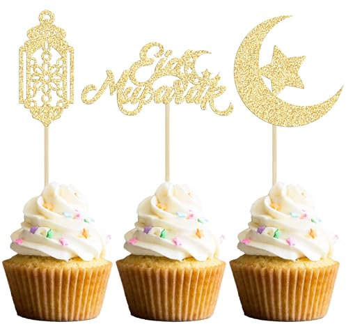 Ephlyn 24Pcs Eid Mubarak Cupcake Toppers Glitter Moon Star Ramadan Kareem Happy Eid Cupcake Picks for Eid Islamic Muslim Theme Party Cake Decorations Supplies Gold