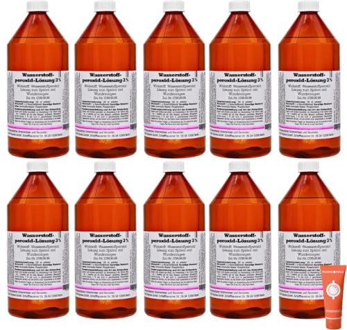 Wasserstoffperoxid Lösung 3%, 10x 1000 ml I Lösung zum Spülen und Wundreinigen I Munddesinfektion I Mundgeruch, Zahnfleischbluten, Mundschleimhautenzündung I Spar-Set plus Pharma Perle give-away