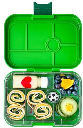yumbox Lonchera Bento original a prueba de fugas, 5 compartimentos + pozo de inmersión, cierre fácil de abrir, control de porciones, bandeja ilustrada extraíble, para edades de 3 a 7 años (verde