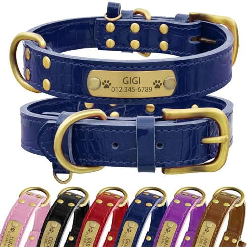 Senristar Personalisierte Hundehalsband aus Echtem Leder mit Eingraviertem Namensschild - Langlebiges und Stilvolles Hundehalsband für Kleine, Mittlere und Große Hunde (XL, Blau)