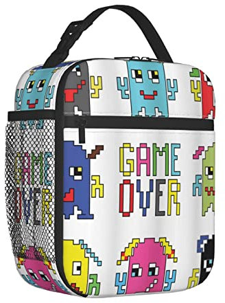 Tragbare Lunchtasche für Damen/Herren, isoliert, Pixel-Roboter-Emoticons mit Game Over-Schild, inspiriert vom Computer, isolierte, wiederverwendbare Lunchbox für Büro, Arbeit, Schule, Picknick,