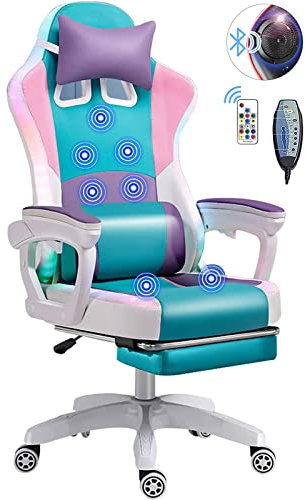 Wrobelax Sedia da gaming con massaggio a 7 punti, sedia da computer con luce a LED, design ergonomico, sedia da corsa per adulti e ragazzi, gialla