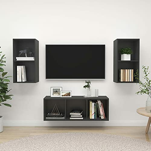 LAPOOH Ensemble de Meuble TV 3 pcs Gris Aggloméré,Meuble TV,Table Basse Salon Meuble TV,Table Basse LED Couleurs