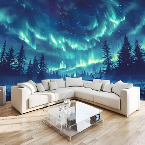 Tapete Fototapete 3d Effekt Island Aurora Forest 350x256cm Wandbild Wanddeko für Wohnzimmer Schlafzimmer, GrüN Vlies Tapeten mit Geruchsfreiheit Wandposter Wandkunst