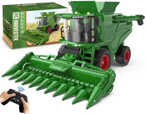 Uarzt Remote Control Combine Harvester Tractor Toy with Corn Head, RC Tractor Toys for Kids 3+, Light/Spray/Sound/1/24 Scale, Farm Toy Combine Harvester for Kids, Christmas Birthday Gift