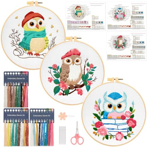 JSRQT 3 Stücke Eule Stickerei Starter Kit für Erwachsene Anfänger,DIY Handgemachte Kreuzstich Set, Nadelspitzen Embroidery Kit für Heimdekoration