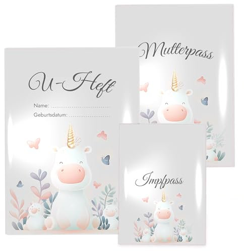 6 teiliges Set mit Einlagen für Mutterpass, U-Heft und Impfpass inklusive passender transparenter Hüllen, Untersuchungsheft- & Impfpasshülle, Schutzhülle für Untersuchungen, Baby Einhorn