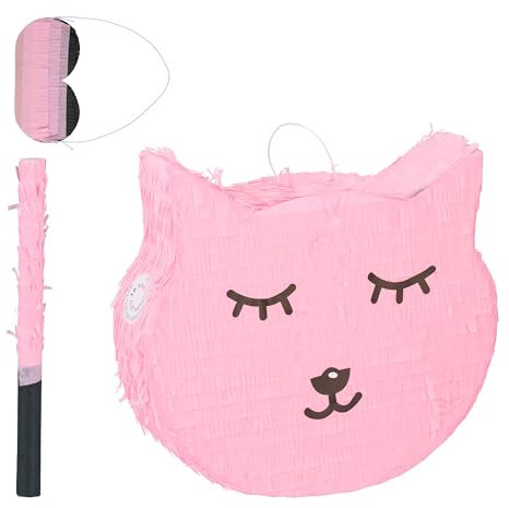 Relaxdays Katzen Pinata, mit Stab & Maske, Partypinata Kinder, Geburtstag, zum Befüllen, HxBxT: 34 x 37 x 9,5 cm, rosa