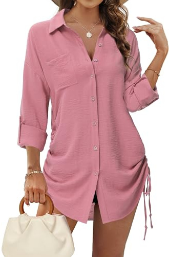 Tanmolo Bluse Damen Longbluse Langarm Hemdbluse Tunika | Kordelzug, Knopfleiste, Krempelärmel, Lässiges Longshirt, Ideal für Alltag, Urlaub und als Cover-up