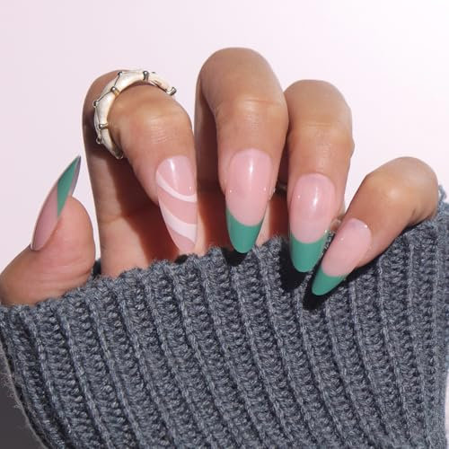 24PCS Almond French Press on Nails - Green Lined Long Fake Nails, Elegant Acrylic Nails with Linear Tips, Durable & Comfortable Fit for Women, Easy DIY Nail Art