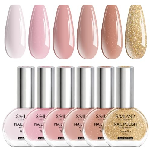 SAVILAND Farbe Artistry Nagellack: 6Pcs Air Quick Dry Nail Polish Set Neutral Solid Color Pink Nudes Glitter 12-Free Vegan Zehennagel Polnisch Long Lasting DIY Maniküre für Frauen Salon