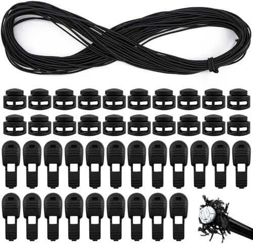 Plastic Cord Locks and Black Elastic Cord - 30m Thin Elastic Round Bungee Cord with 30 pcs Drawstring Locks, Spring Toggle Stoppers Fastener Slider, Shock Cord for Tent, Clothing, Backpack, etc