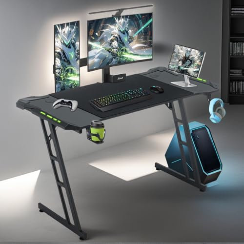 Alpstorm Bureau Gamer 120x60 Design Futuriste - Plateau Carbone avec Éclairage RGB, Structure en Z Renforcée (150kg) - Organisation Intelligente pour Setup Gaming Pro