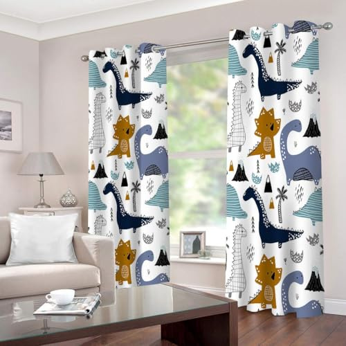 Dinosaurier Vorhänge für Jungen Schlafzimmer Cartoon Dinosaurier süße Tiere Isolierte Thermo Fenstervorhänge mit Ösen Fenstervorhänge mit 3D Druck für Fenster Mädchen, B140 cm x L183 cm x 2 Stück