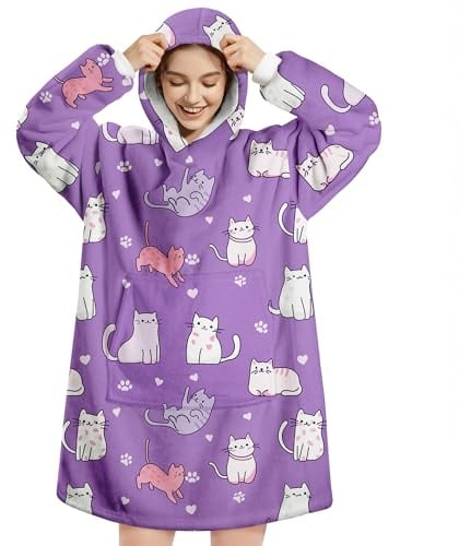 Queenshin Felpa Coperta Indossabile con Cappuccio Donna e Uomo, Oversize Coperta Plaid con Maniche Poncho in Pile Sherpa Morbida e Calda