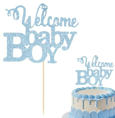 Baby Shower Cake Topper, Baby Shower Cake Decorations, Baby Cake Topper - HSC Welcome Baby Boy Blue Glitter Cake Sign for Baby Showers, Gender Reveal Cake Decoration