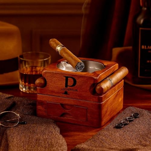 Posacenere per sigari in legno con nome inciso, posacenere 2 in 1 con coperchio, vassoio per bicchiere da whisky con poggiasigari, regalo per papà, marito, anniversario, Natale, compleanno, testimoni