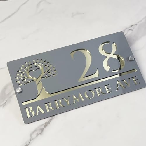 Personalized House Number Sign - Modern Font Custom Acrylic Address Plaque, Weatherproof Outside Name Plate For Home, Gate Or Wall, Housewarming Gift(Gray-Gold)