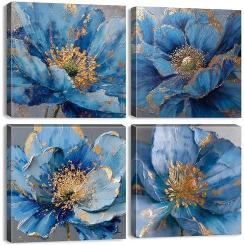 AREBOLO 4 Pièces Abstrait Tableaux sur Toile Fleurs Bleues Aquarelle Murale Florale Bleu et Effet Doré Art Botanique Moderne pour Salon Chambre Bureau salle de bain