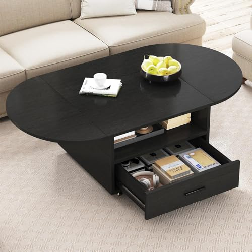 IBF Ovaler Couchtisch 120cm Schwarz, Holz ausziehbar mit Rollen, Stauraum | Ovaler ausziehbarer Couchtisch mit Rollen, Schublade und Stauraum, multifunktional für Wohnzimmer