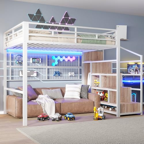 NNJN Hochbett, Eisenrahmen, Kleiderschrank, Stauraumleiter, Gitter zum Aufhängen von Gegenständen, Freifläche unter dem Bett, 7-farbige LED-Leuchten, ohne Matratze140 x 200cm (weiß)