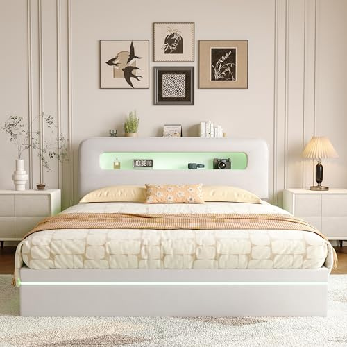 EZSSW Boxspringbett 140 x 200 cm mit hydraulischer Stauraumfunktion, Kopfteil mit LED-Beleuchtung und Ablage, Lattenrost, Samt, beige, Matratze Nicht im Lieferumfang enthalten. (Beige, 140 x 200 cm)