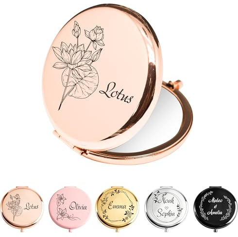 Miroir de Poche Personnalisé pour Femme, Miroir Compact avec Prénom | Miroir double face, personnalisé avec prénom, fleur de naissance ou monogramme, cadeau pour anniversaire, mariage, Noël