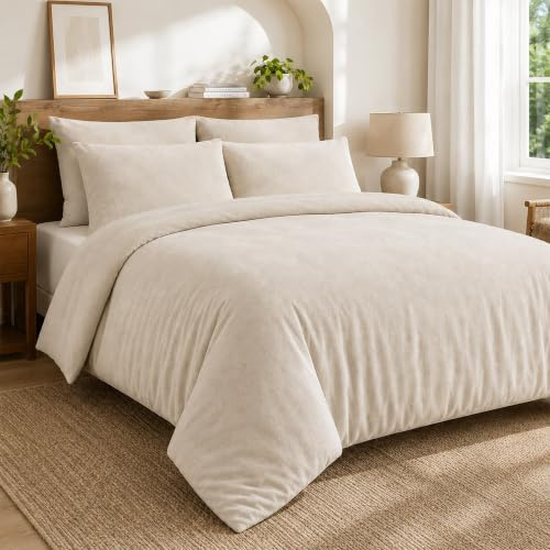 EGYPTO Flannelette Duvet Cover Set – 100% Brushed Cotton Duvet Cover Set - Breathable & Hypoallergenic Thermal Soft Flannel Duvet Cover with Pillowcases (Double, Cream)