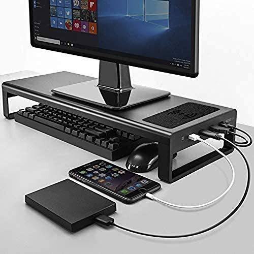 Monitor Stand Computer Riser Support Laptop Desk Stand Aluminum Transfer Wireless Data Charging Office Table Organizer USB 3.0 (Wireless 4 Ports USB)