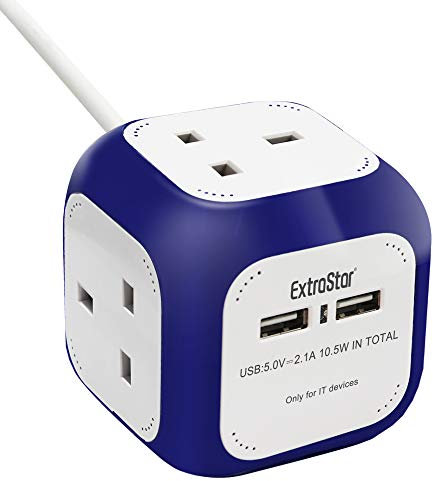 ExtraStar Power Cube 4 Ways Extended Lead with 2 USB Slots (5V/2.1A) Power Strip 1.5 Metre Cable Power Socket UK Plug for Home, Office, Travel and More - Navy Blue + White