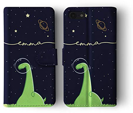 Tirita Personalised Custom Wallet Flip Phone Case Compatible with iPhone 7/8 / SE 2020 / SE 2022 Chubby Dinosaur Bubble Space Dino