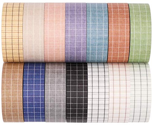 Knaid Grid Washi Tape Set, 14 Rollen von 15 mm Breite Dekorative farbige Abdeckbänder für Scrapbooking, DIY Dekor und Handwerk, Bullet Journals, Planer, Junk Journal, Geschenkverpackung