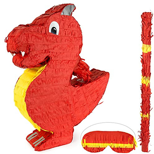 ILP Pinata Drache zum Befüllen - Drachen Pinata Set mit Pinata Stock und Maske - 50 x 40 x 10 cm - Roter Drache Pinata Geburtstag Junge Mädchen - Drachen Deko Kindergeburtstag - Piñatas