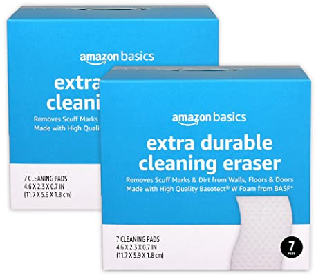 Amazon Basics Extra Durable Cleaning Erasers, Removes Scuff Marks and Dirt from Walls, Floors and Doors, 1 Box of 14