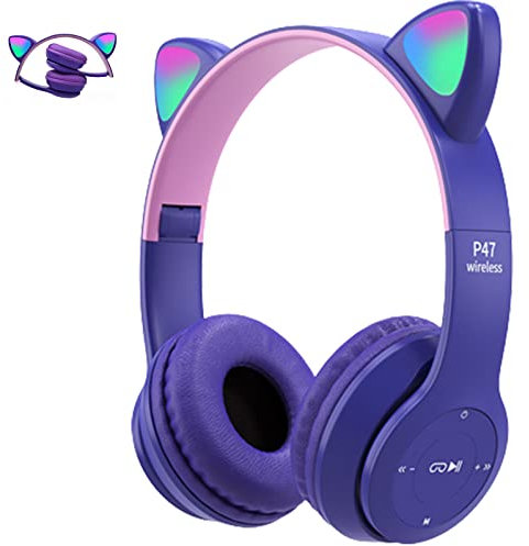 arVin Wireless Kids Headphones, Bluetooth Kids Headset with 85/94 dB Volume Limiter, Wired Children Earphones with Microphone/LED Cat Ear light for Learning/Travelling/Games(Purple)