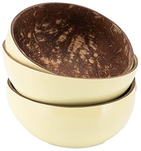 Decorasian Schalen aus echter Kokosnuss - Coconut Bowl - Kokosschale innen poliert, außen dekorativ lackiert - 3er Set gelb