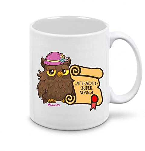 Regali Pazza idea Tazza Mug Ceramica - 8 X 10 cm - Attestato Super Nonna - Gufo e Gufetta - Regalo Perfetto - Collezione festa della nonna