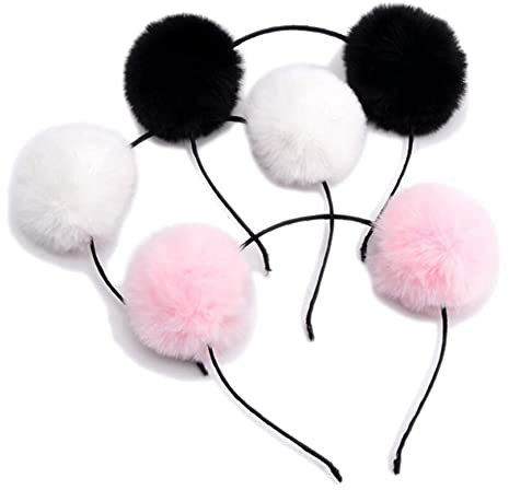 QUUPY 3Pcs Plüsch Pom Pom Kopfbänder Haar Hoop Kopfbedeckung Haarbänder Kostüm Haarzubehör für Geburtstagsfeier Halloween Weihnachten (schwarz + weiß + rosa)