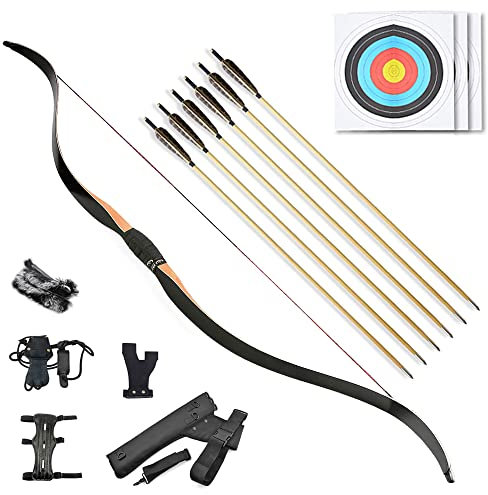 SHARROW Bogenschießen Traditioneller Bogen Recurve Bogen und Pfeile Set Handgefertigter Langbogen Mongolischer Jagdbogen Reiterbogen Erwachsene Sportbogen 15-50lbs (50lbs)