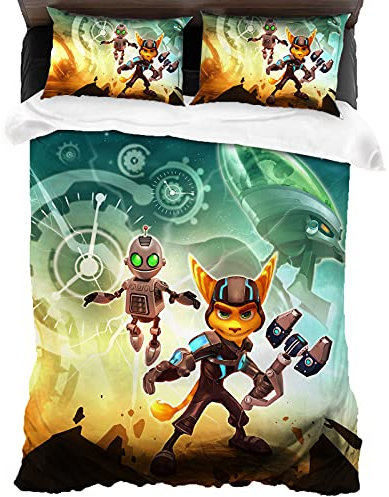 ANSSON Ratchet & Clank Kinder Bettwäsche,3-teiliges Set Weiche und gemütliche Spielfan bettwäsche - Fadingbeständige Mikrofaser Kissenbezug (Single 135x200, Clank3)