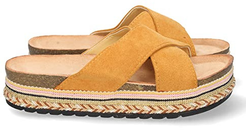 66193-Sandalia para Mujer, con Palas Cruzadas, con Piso de Bio y Yute, Decoracion de Motivos Etnicos, Primavera Verano 2022. Talla 37 Camel