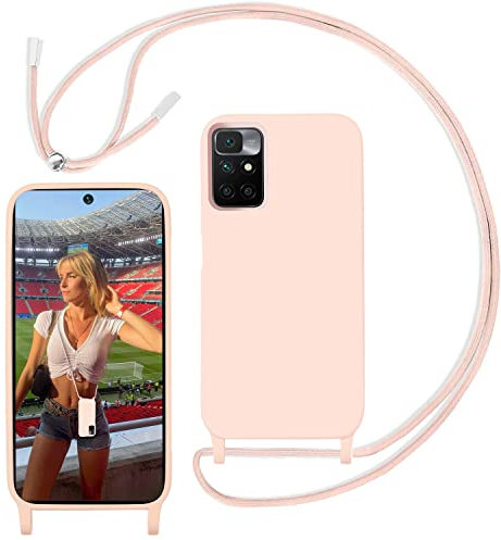 Yojiong Handykette Hülle für Xiaomi Redmi 10 / Redmi 10 2022, Liquid Silikon Handyhülle mit Kordel zum Umhängen mit Band Stossfest Bumper Schutzhülle, Kette für Smartphone, Schnur mit Case in Rosa