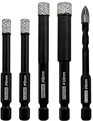 DT-DIATOOL Diamond Drill Bits 5pcs/set Tile Hole Saw for Dry Drilling Porcelain Ceramic Granite Marble Masonry Stone(6/6/6/8/10mm, 5-Pack)
