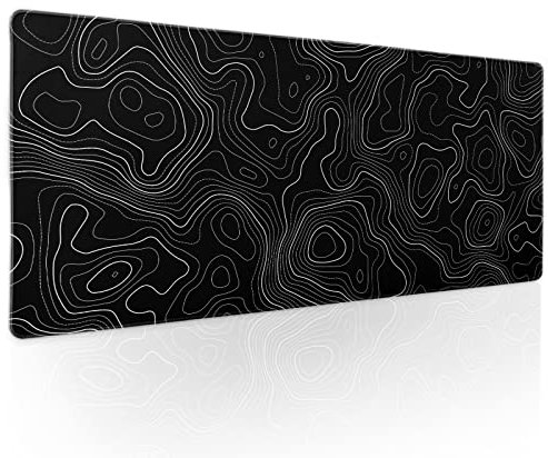 Topographic Contour Black Gaming Mouse Pad XL Topo Geographic Map Lines Extended Large Mouse Pad Big Desk Mat Non-Slip Rubber Base Stitched Edge Long Keyboard Playmat for Desk Computer,31.5×11.8 in