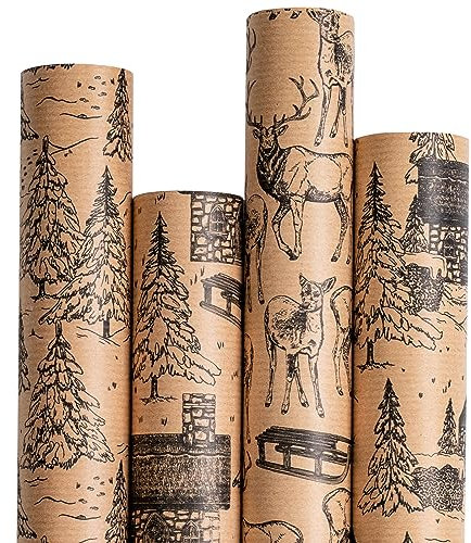 RUSPEPA Papier D'Emballage De Noël- Conception De Paysage De Noël Kraft - 4 Rouleaux - 43,5 X 305 Cm Par Rouleau