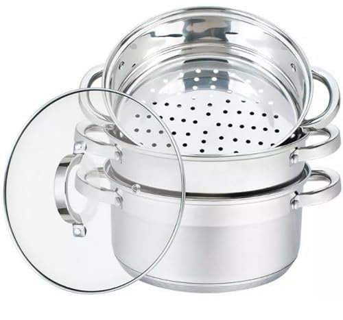 Luckyberg Mantowarka/Dampfkocher 4,0L | Dampfkochtopf 3, 4 oder 5 Teilen | Kochgeschirr mit Glasdeckel auf Edelstahl, Dampfgarer, Biodampfkocher, (4 Teil)