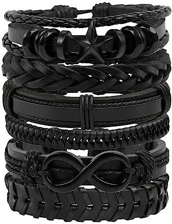 Manfnee 6Pcs Rock Punk Étoile Infini Homme Femme Bracelet tressé à cordon Cuir PU Noir Rétro vintage