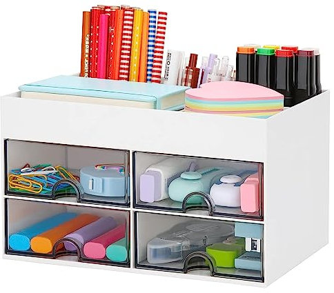 ROMINVIC Schreibtisch Organizer - Büro-Organizer mit 6 Fächern und 2 kleinen Schubladen, Desk Storage Box für Stiftehalter (Weiß-1)